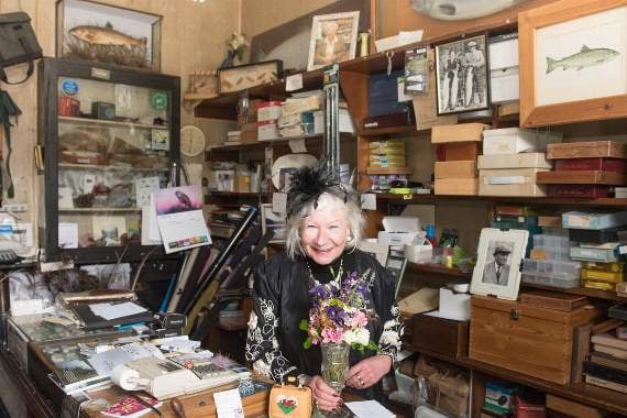 Jean Williams in her Sweets fishing tackle shop in Usk