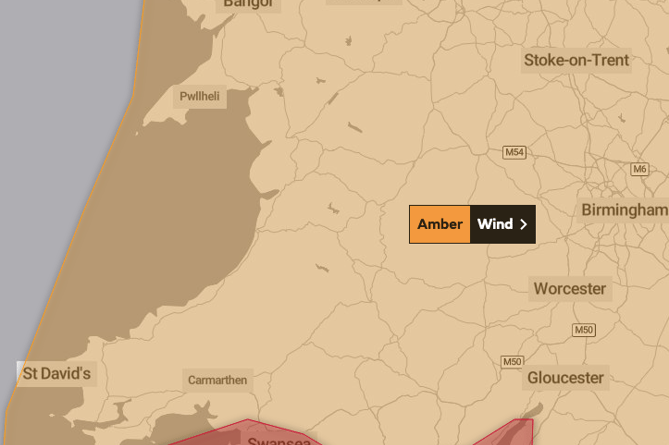 An amber weather warning for wind is in place for Powys between 5am and 9pm today (Friday, February 18).
