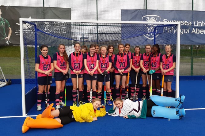 Monmouth School’s for Girls under 14 hockey squad: Back from left, Jess Law,  Jess Stentiford, Verity Ainsworth, Zahara Solosy, Alice Meredith, Bella Hull, Sophie Williams, Emily Trace, Isabelle, Gardner, Connie Humphries, Emily Vizard, Grace Fernandez-Ford, Thandi Katsande, Maisie Aldridge. Front: Ellie walsh and Olivia Jex. 