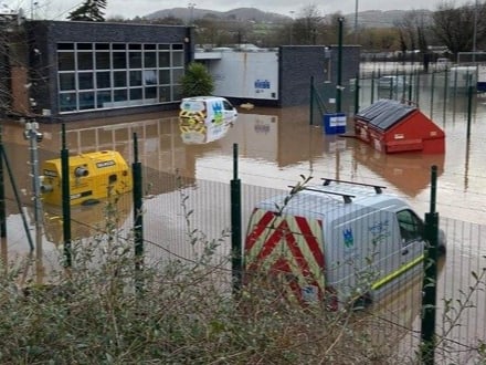 Flood water surrounds Mayhill Water Treatment works in February 2020