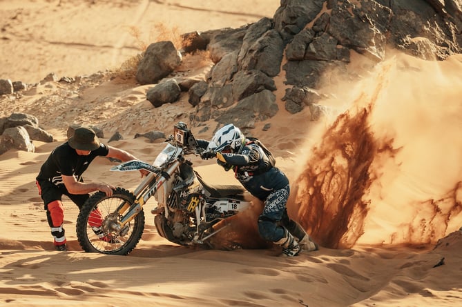 Motorcyclist Vanessa Ruck in the desert during her 1000Dunas challenge in Morocco