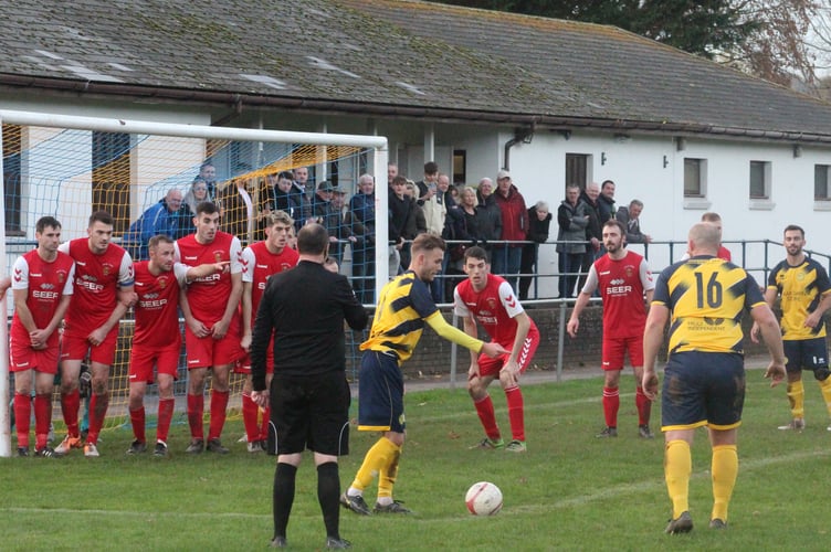 Attempted goal kick by Kingfishers against Brecon Curries in Ardal South East League November 2022