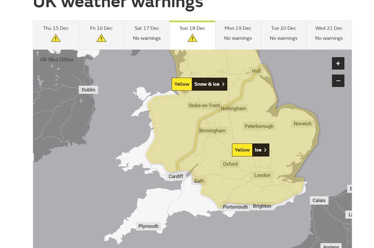 UK weather warning map for December 18 2022