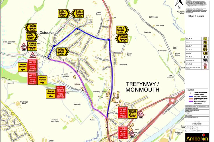 Road map showing Monmouth and the diverted traffic away from Osbaston Road