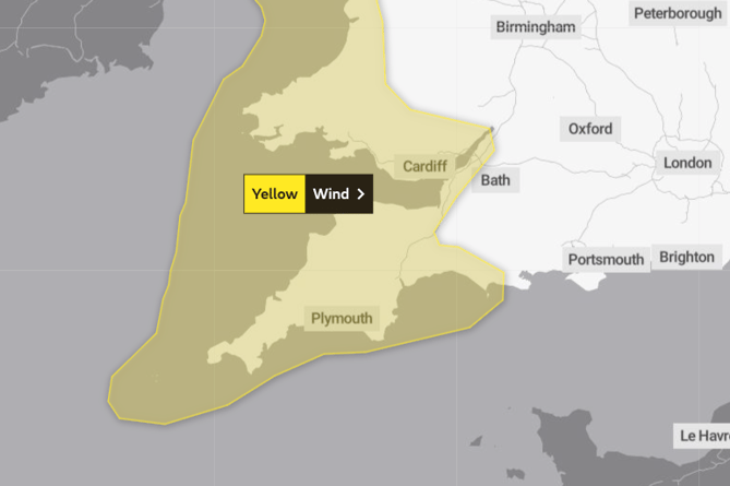 Yellow weather warning (wind) map for Wales and parts of South West England