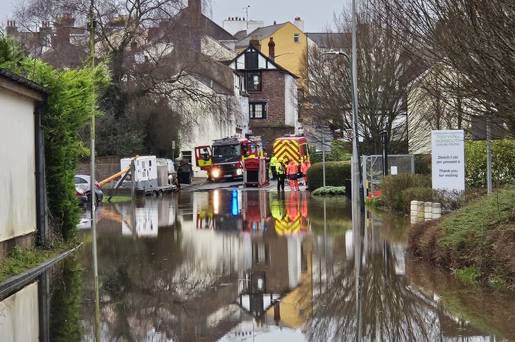 The entrance to Old Dixon Road, which includes thew comprehensive school and Monmouth Leisure Centre has flooded