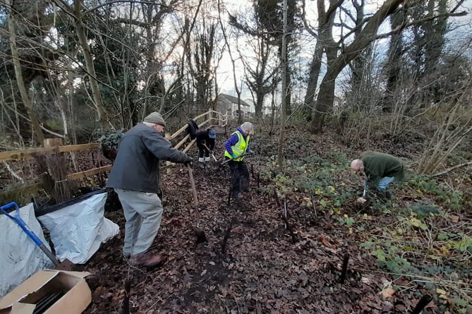 Coleford volunteers work to plant shrubs on the Coleford to Milkwall Cycle Track