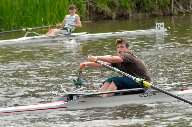 A Monmouth School sculler takes on a Staines opponent