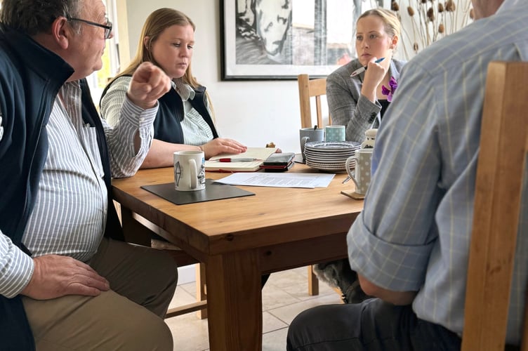 Discussions around the kitchen table following the farm walk with MP Becky Gittins at Moor Farm, Flintshire.