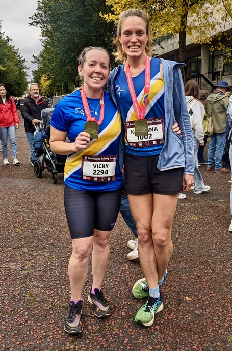 Katie Adams, right, and Vicky Roberts were the first two Spirits home in the Cardiff Half Marathon