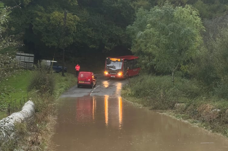Heavy rainfall has caused floods in parts of Presteigne, halting traffic. 
