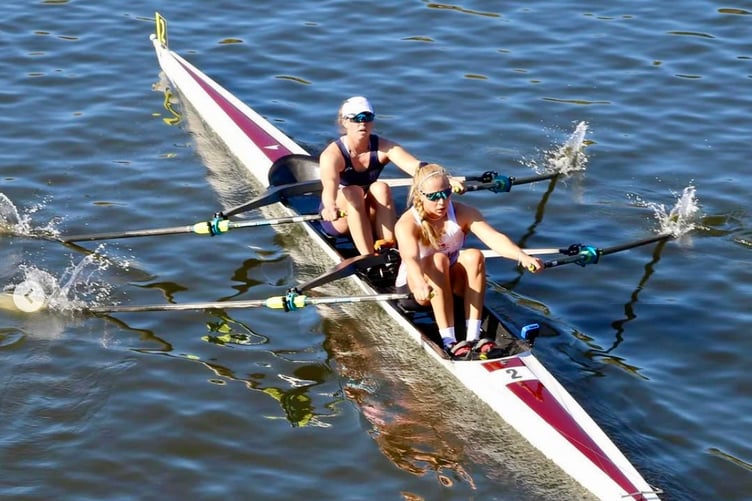 Mathilda Hodgkins-Byrne at bow with Becky Wilde on their way to victory in Boston
