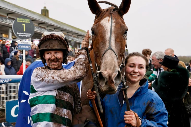 Jockey Caoilin Quinn and stable hand Gina Gibson celebrate after Nassalam cantered to 2023 Coral Welsh Grand National victory 