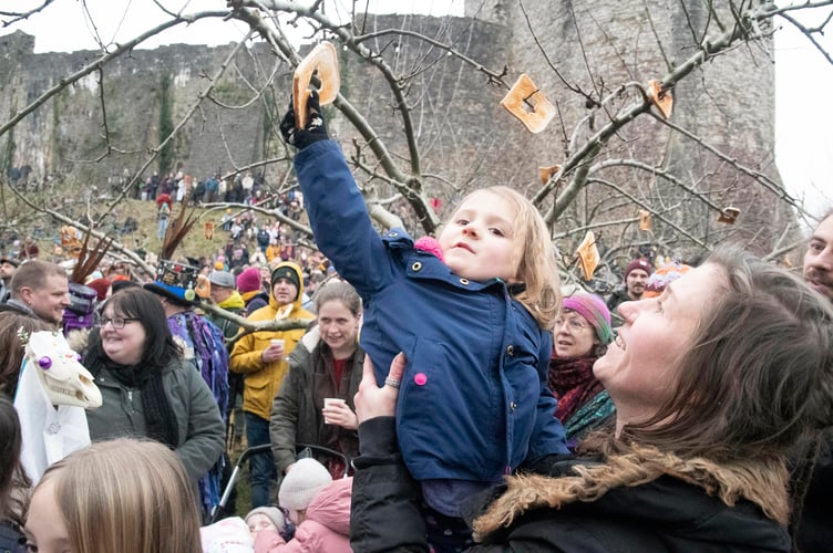 Mymble Riach of Drybrook places a piece of toast on a tree in the Castle Dell orchard