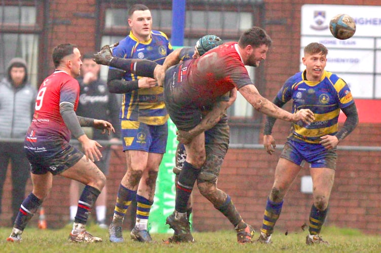 Ollie Park again tackled strongly for Monmouth