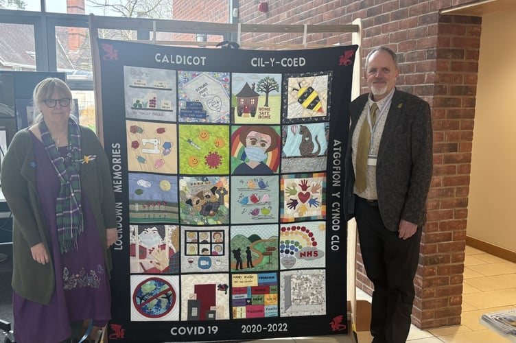 Cllr Jackie Strong, member of Caldicot Stitched Together Group with Cllr Ian Chandler