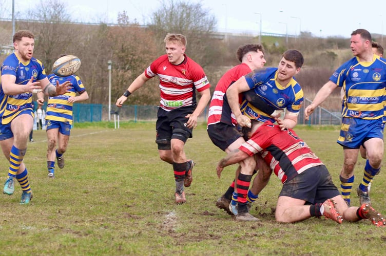 Morgen Jeffs passes to Harry Whelan for the Monmouth try