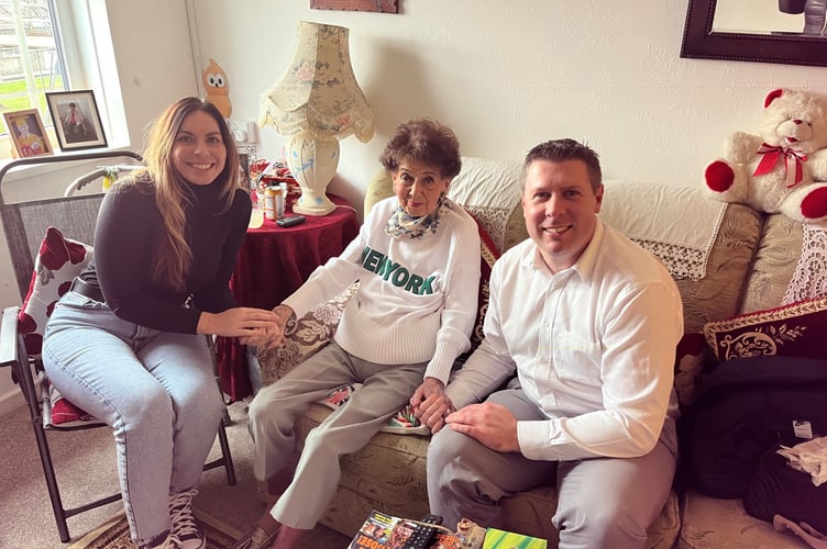 Cllr Richard John and Cllr Lisa Dymock with Lougher Home Care client Valerie from Portskewett.