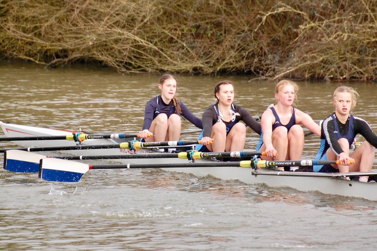 The Monmouth Comprehensive girls' quadruple scull on their way to victory at the Gloucester Head