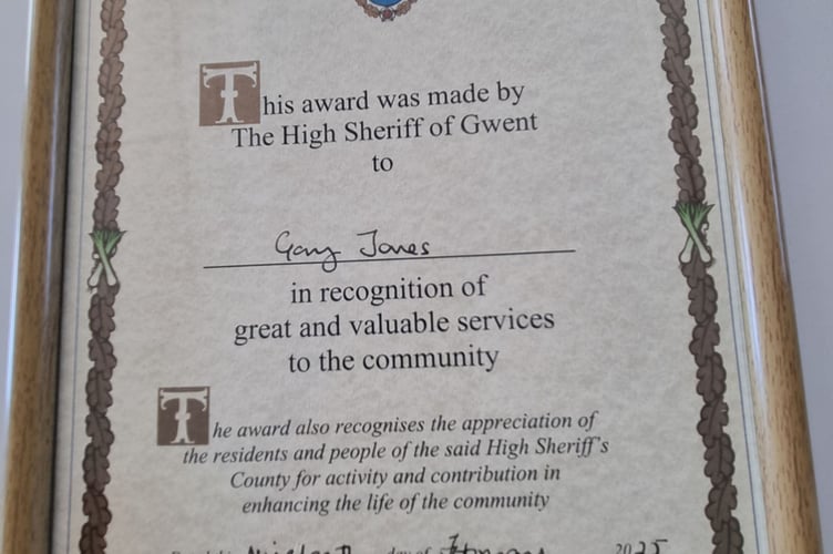 Gary Jones certificate from The High Sheriff of Gwent 