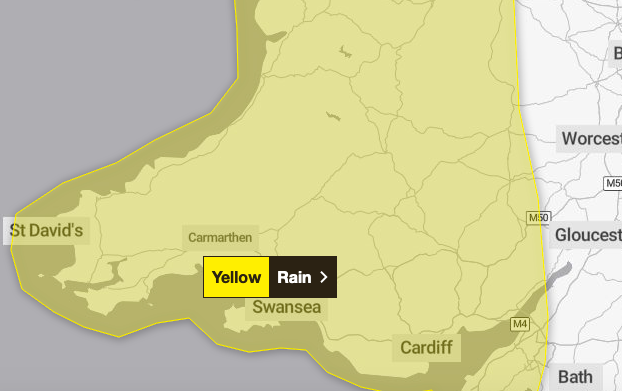 The Met Office yellow weather warning map showing heavy rain expected across Wales