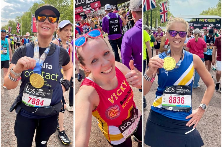 (From left) Spirit runners Julia Evans, Vicky Roberts and Marina Wright braved the heat to finish the London Marathon 