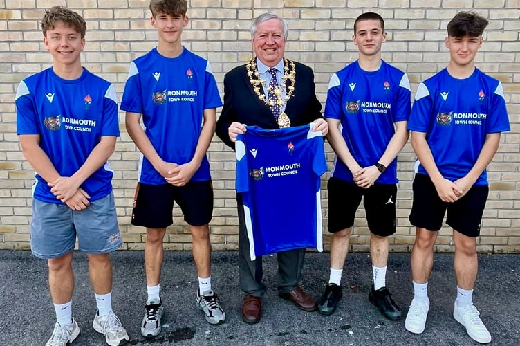 Players receive their cup final kit sponsored by Monmouth Town Council presented by mayor Cllr ????