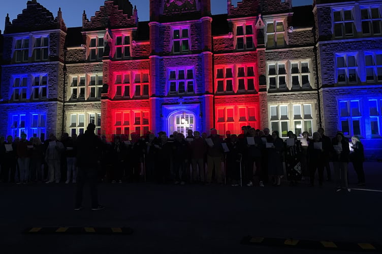 Landmark lit up for VE day- Haberdashers Monmouth School
