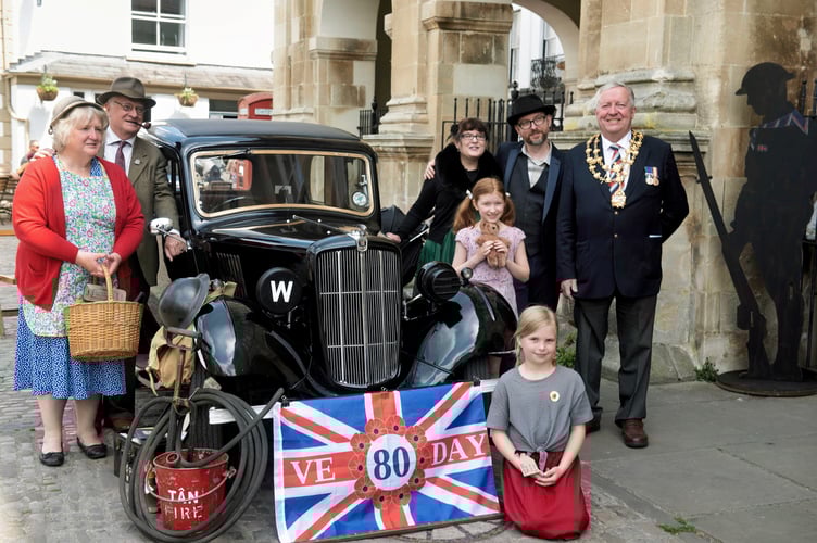 VE Day street party winners of the fancy dress, along with the town mayor, Cllr David Evans