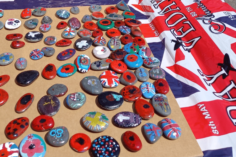 Rocks painted by Kymin View Primary School for VE day 