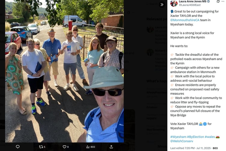 An X post shared by Laura Anne Jones of her and campaigning with then Conservative colleagues in Wyesham during the July, 2025 by-election campaign. Picture: X