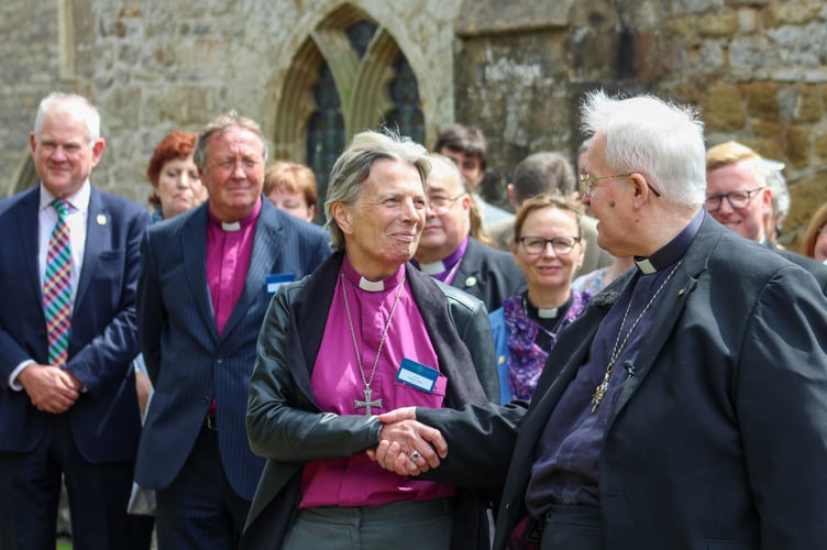 Newly elected Archbishop of Wales Cherry Vann is congratulated