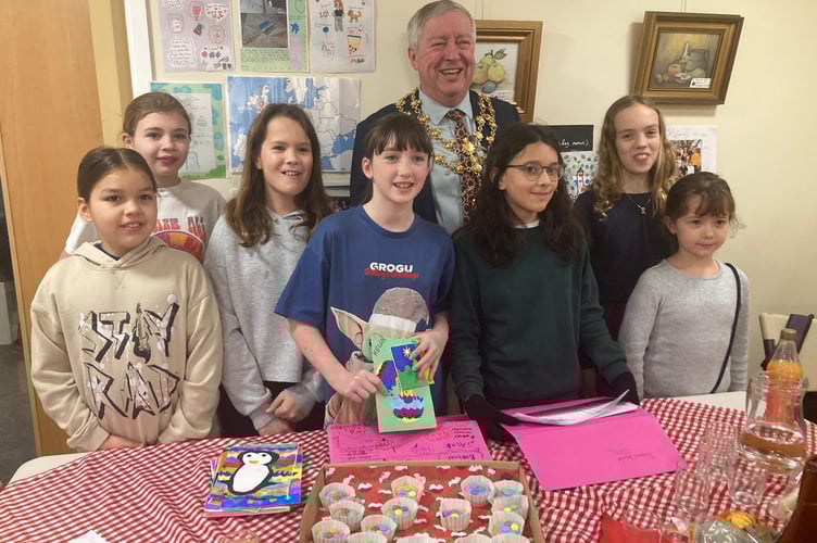 Osbaston pupils involved in the project with town mayor at last November’s twinning coffee morning in Ty Price