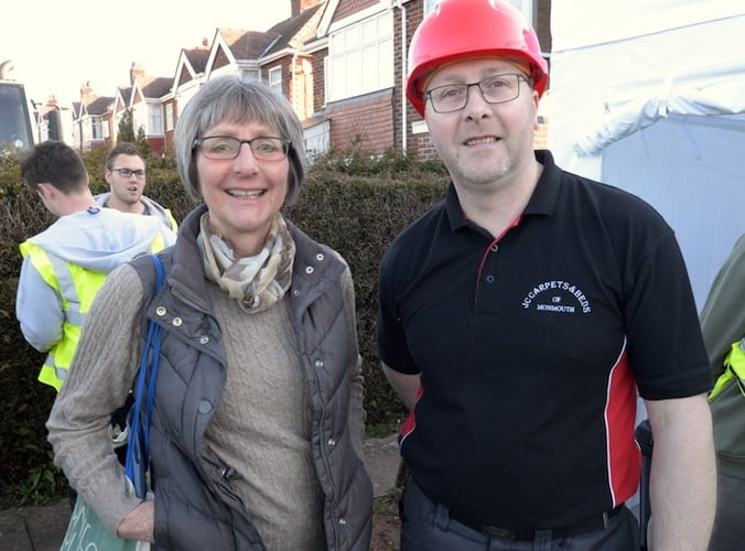 Cheryl at the DIY SOS, the big Build alongside Jeremy from JC Carpets
