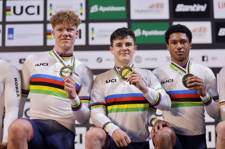 Ioan Hepburn, left, celebrates world gold with his GB team-mates 