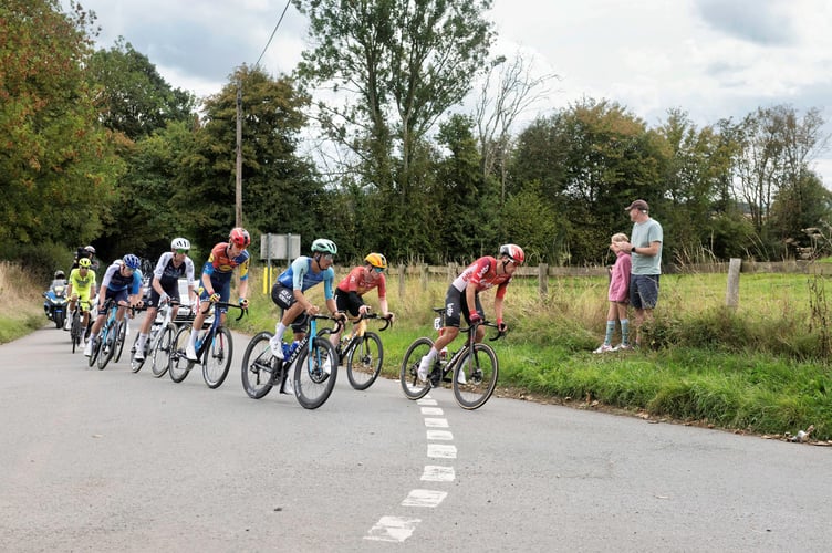 Cyclists in the breakaway race near Rockfield in the Tour of Britain