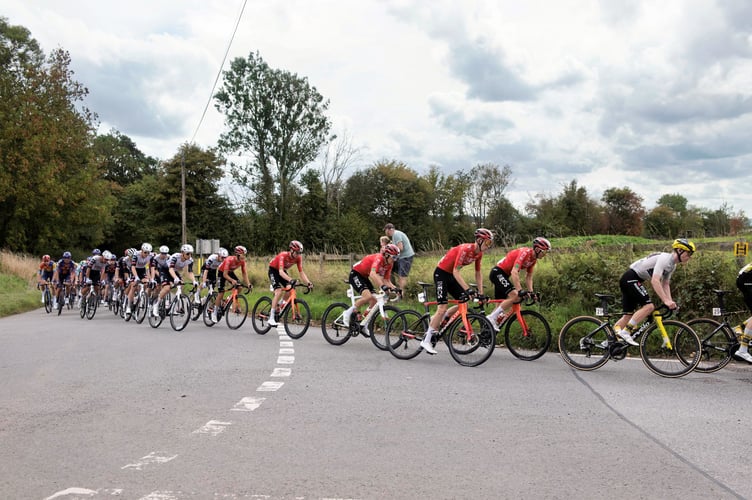 Geraint Thomas, centre, rides through the Monmouthshire countryside near Newcastle