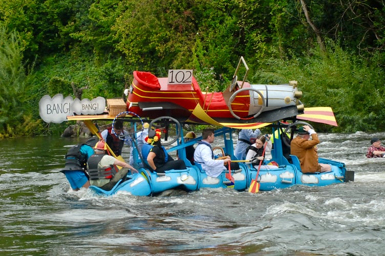 Chitty Chitty Bang Crash Wallop... as Henson's Heroes and their amazing craft come to grief on the viaduct rocks in the 58th Monmouth Raft Race