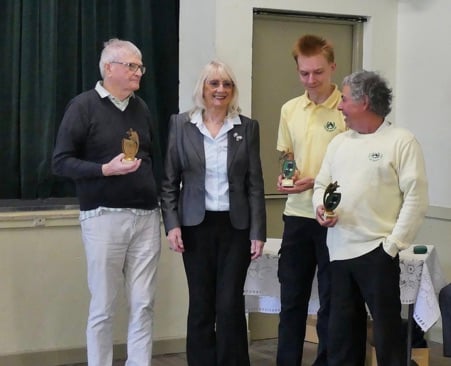 Little Mill received their Runners-Up trophies from MSMBA Chair, Philomena Vaughan. L-R: Tom Chaloner (2), Caleb Hilder (Lead), Rob Hamer (Skip). Photo credit: Colin Berg
