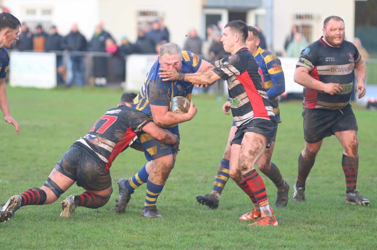 Tom Green gets an eyeful in the Monmouth v Dowlais clash