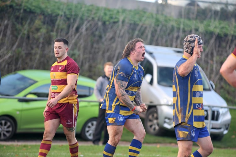 Prop Charlie Rogers roars after his first try for Monmouth RFC