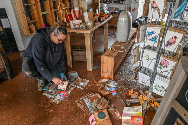 Monmouth flooding after Storm Claudia.Owner Jenny Chuter at The Boat House Gift Shop and Gallery. November 16 2025. People are rallying together to help householders and businesses hit by unprecedented flooding in Monmouth. A major incident has been declared in the town by South Wales Fire and Rescue Service with crews helping dozens of people to safety.  Natural Resources Wales (NRW) had issued four severe flood warnings amid concern of a "significant risk to life" with the River Monnow reaching record levels, exceeding those recorded during Storm Dennis in 2020 and Storm Bert in 2024. 
