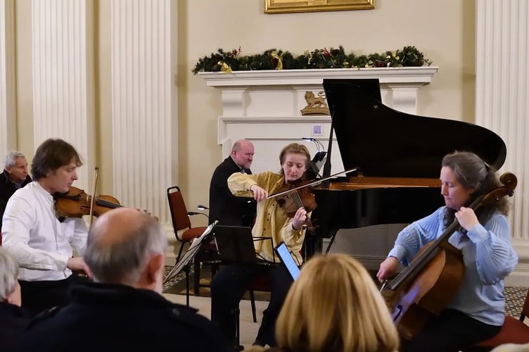 David Adams, Dan Tong, Isobel Neary-Adams, Alice Neary at the Bishop’s Palace, Hereford, at the 2025 Wye Valley Chamber Music Festival
