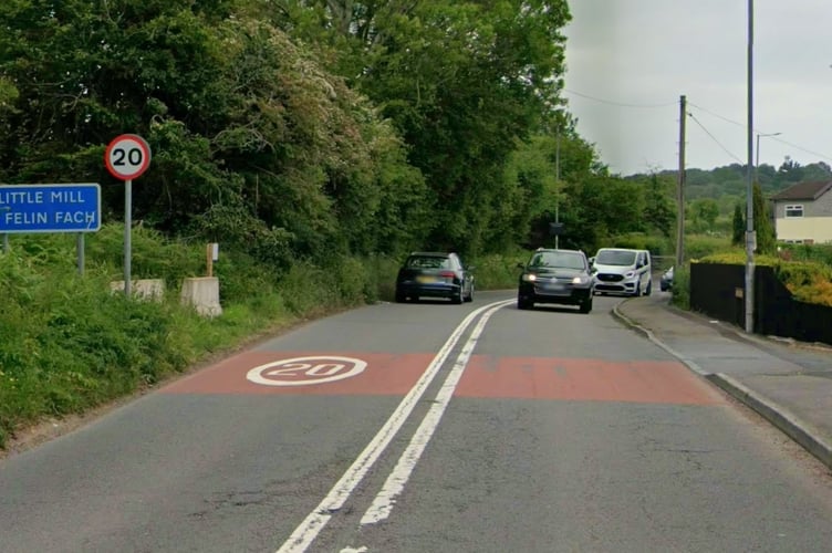 The 20mph speed signs at the entrance to Little Mill on the A472 Berthon Road.