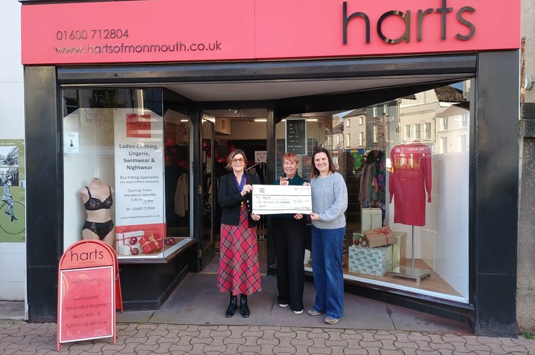 Mayor of Monmouth, Cllr Jackie Atkin presents a cheque to , Carol Davies and Carrie Francis of Harts.