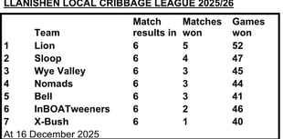 First half of the Llanishen Local Cribbage League finishes