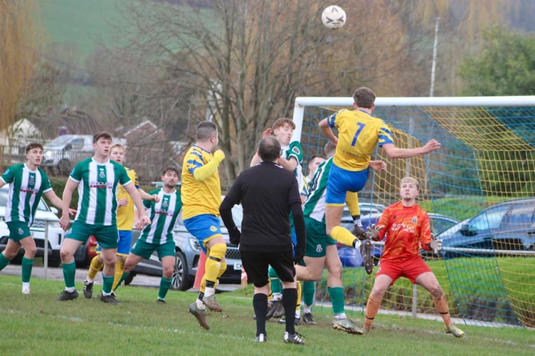 Goalmouth action from Saturday's Monmouth Town v Caerleon game