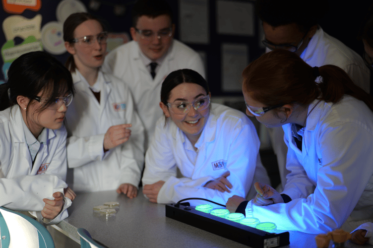 Monmouth Science initiative (MSI) students looking at Green Fluorescent Protein (GFP) bacterial transformation