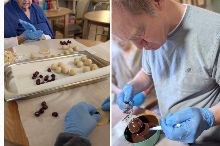 Family members at Gibraltar Nursing Home making chocolate covered cherries with no-bake recipe book.