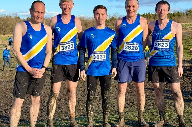 Spirit of Monmouth's men at a muddy Parc Bryn Bach Gwent LCL race